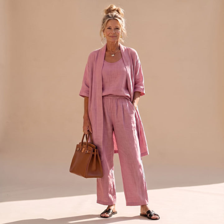 Freyolka | Damen Strickjacke Set Weite Hose Cardigan - Pink - Image 15