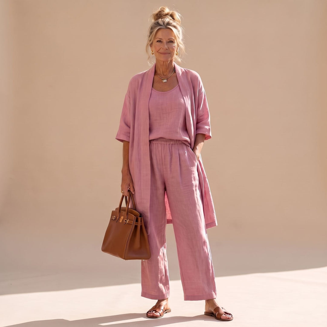 Freyolka | Damen Strickjacke Set Weite Hose Cardigan - Pink - Image 21