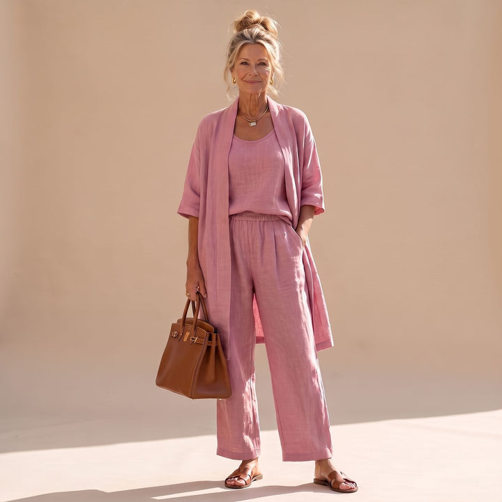 Freyolka | Damen Strickjacke Set Weite Hose Cardigan - Pink - Image 21
