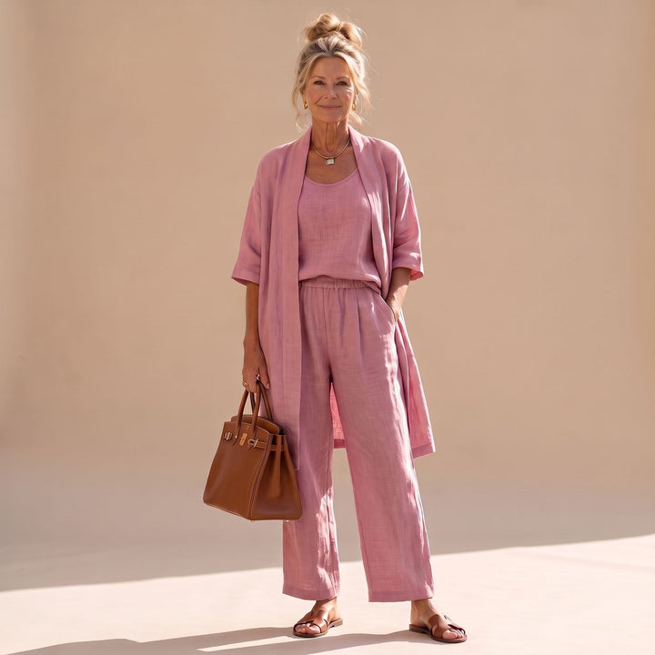 Freyolka | Damen Strickjacke Set Weite Hose Cardigan - Pink - Image 6