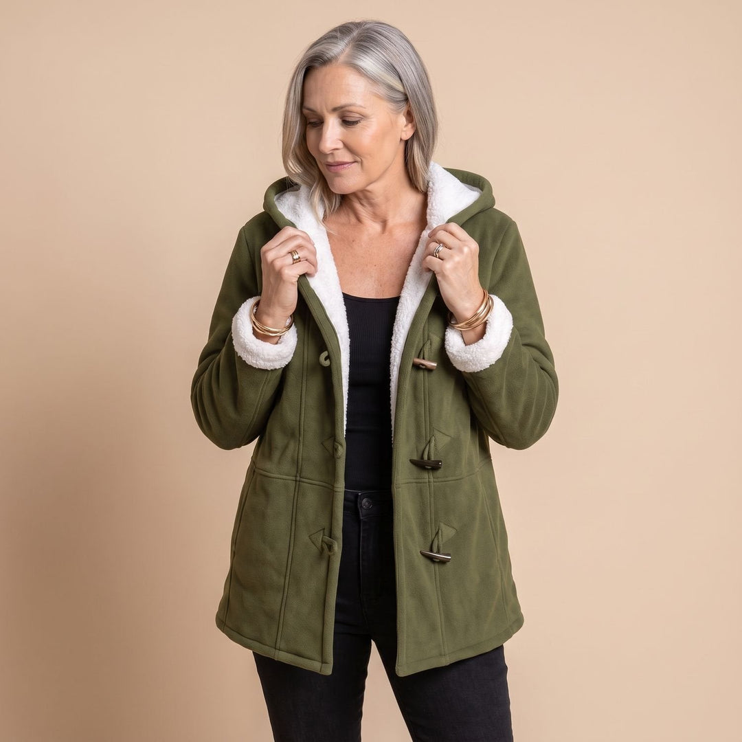 Freysolde | Damen Winterjacke Kapuze Sherpa-Futter - Olive Green - Image 10