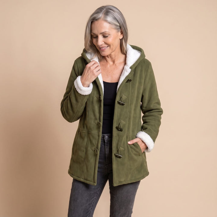 Freysolde | Damen Winterjacke Kapuze Sherpa-Futter - Olive Green - Image 2