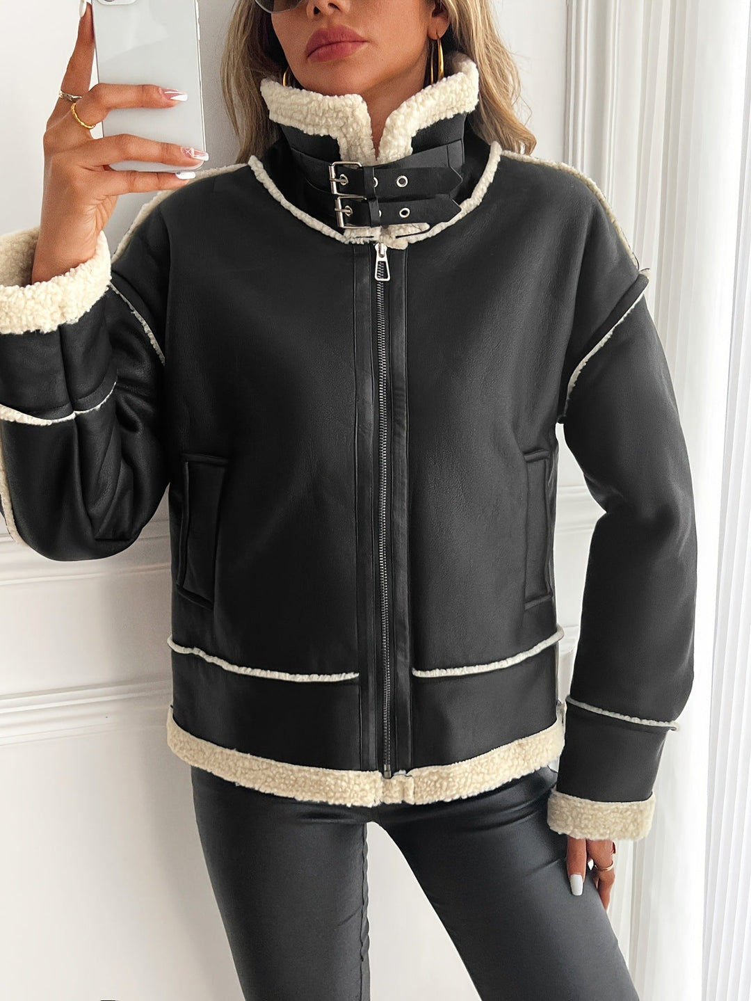 Freywind | Damen Kunstleder Jacke mit Teddyfutter - Black - Image 6