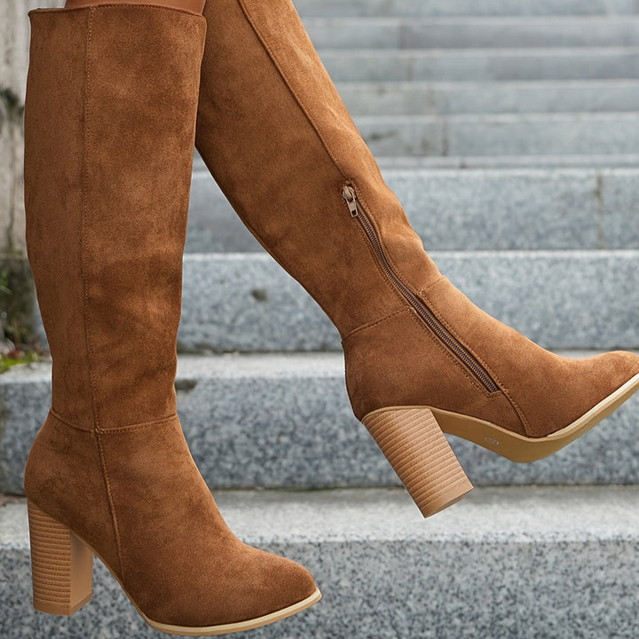 Gelvonde | Damen Kniehohe Stiefel Blockabsatz - Brown - Image 6