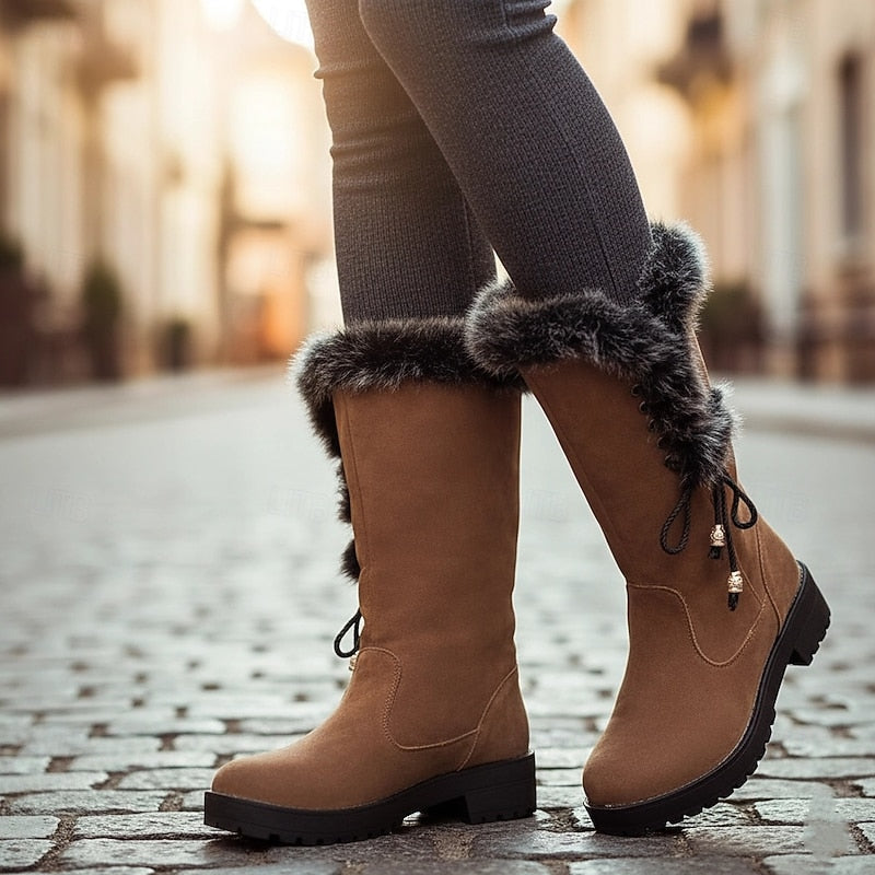 Gelvone | Damen Winterstiefel Kniehohe Stiefel mit Fell - Camel - Image 1