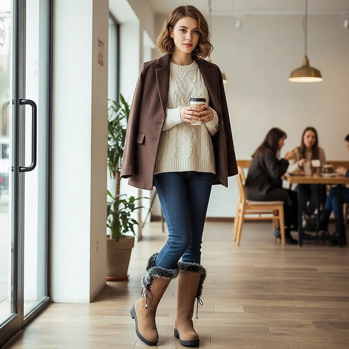 Gelvone | Damen Winterstiefel Kniehohe Stiefel mit Fell - Camel - Image 5