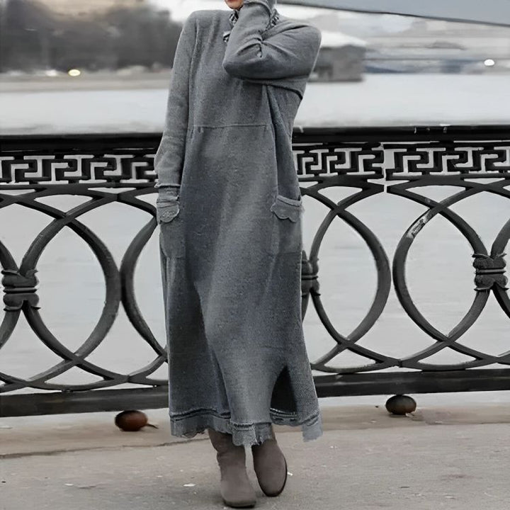Gelvorn | Damen Strickkleid Maxi mit Tasche - Grey - Image 1