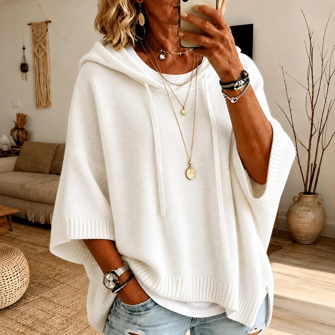 Gelvra | Damen Strickpullover mit Kapuze Ponchoschnitt - White - Image 1