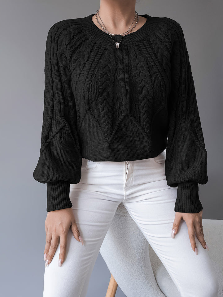 Gislind | Damen Zopfmuster Strickpullover mit Ballonärmeln - Black - Image 1