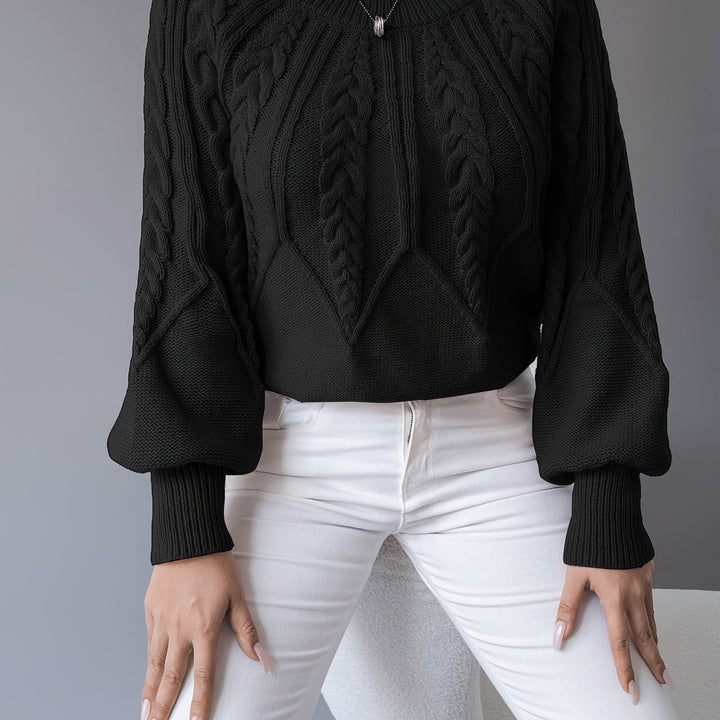 Gislind | Damen Zopfmuster Strickpullover mit Ballonärmeln - Black - Image 14