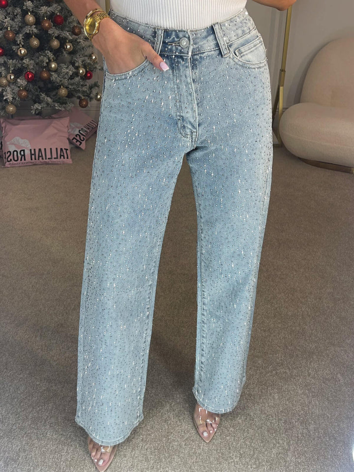 Glyndra | Damen Glitzer Jeans Weites Bein Strass - Light Blue - Image 1