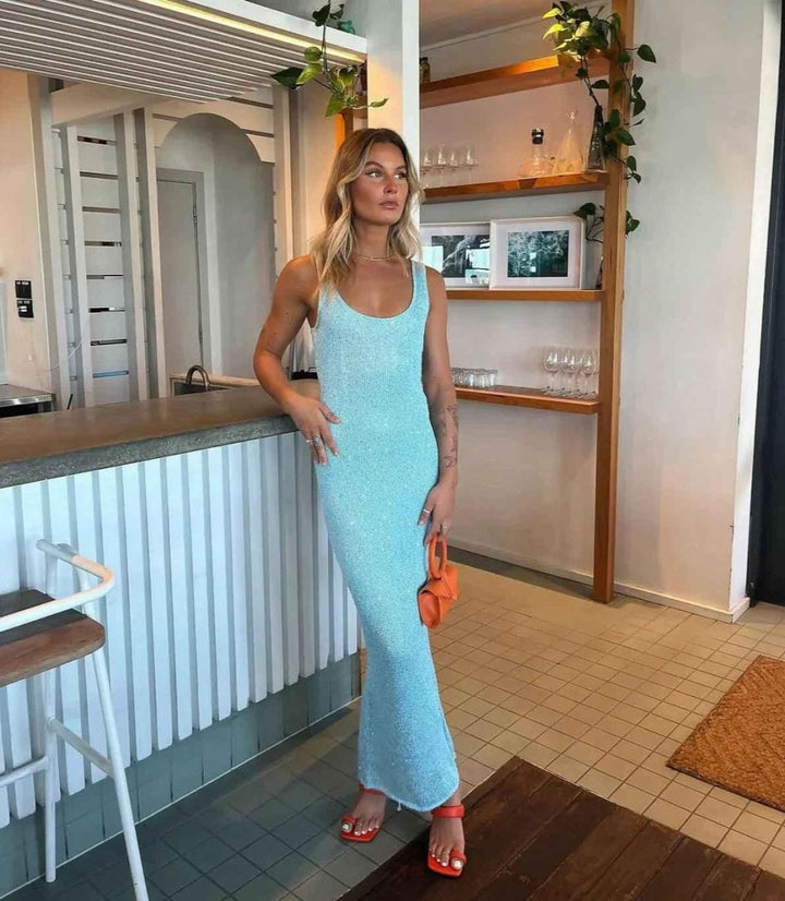 Glyndveka | Damen Glitzer Strickkleid Maxi figurbetonend - Light Blue - Image 12