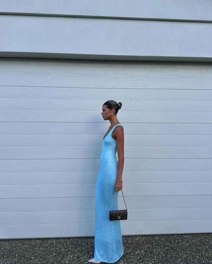 Glyndveka | Damen Glitzer Strickkleid Maxi figurbetonend - Light Blue - Image 9