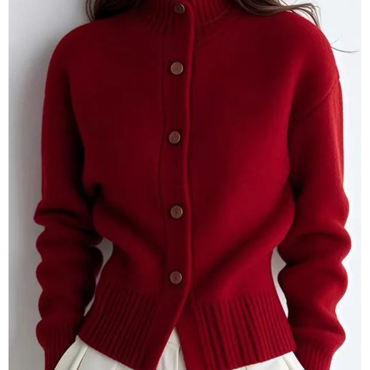 Golvane | Damen Strickjacke Stehkragen Knopfleiste - Red - Image 1