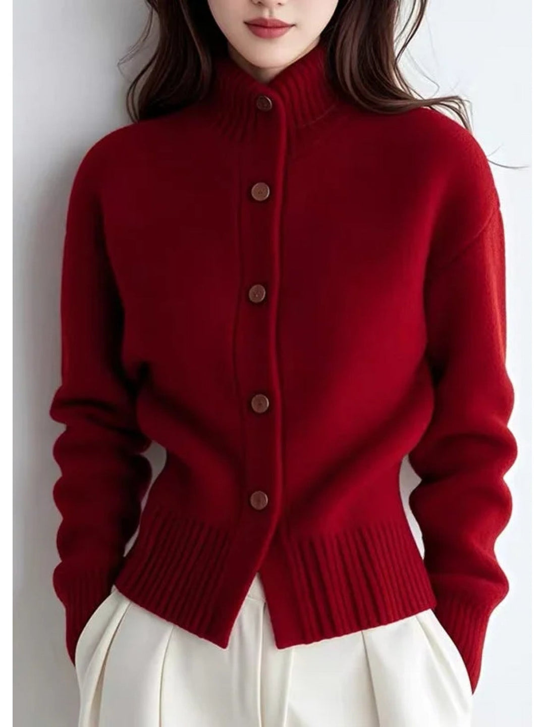 Golvane | Damen Strickjacke Stehkragen Knopfleiste - Red - Image 2