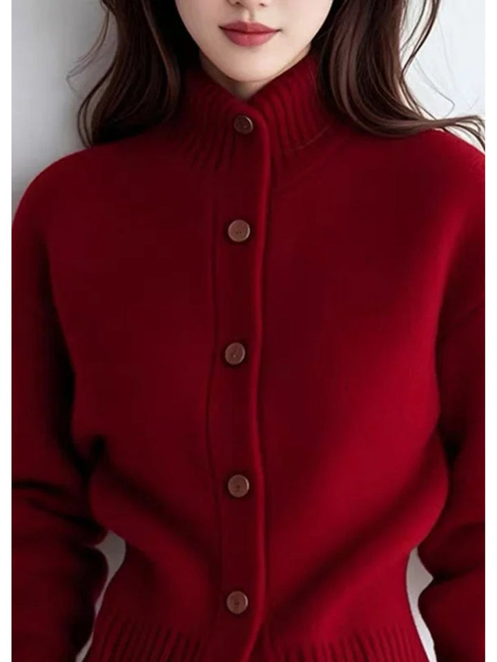 Golvane | Damen Strickjacke Stehkragen Knopfleiste - Red - Image 5