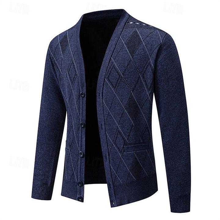 Golvard | Herren Strickjacke Rautenmuster V-Ausschnitt - Navy - Image 3