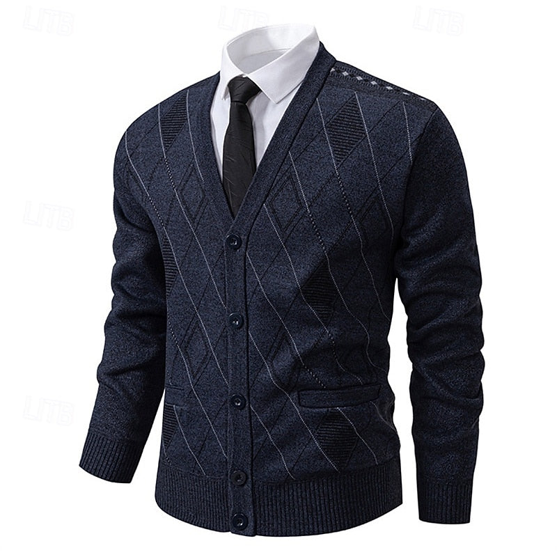 Golvard | Herren Strickjacke Rautenmuster V-Ausschnitt - Navy - Image 9