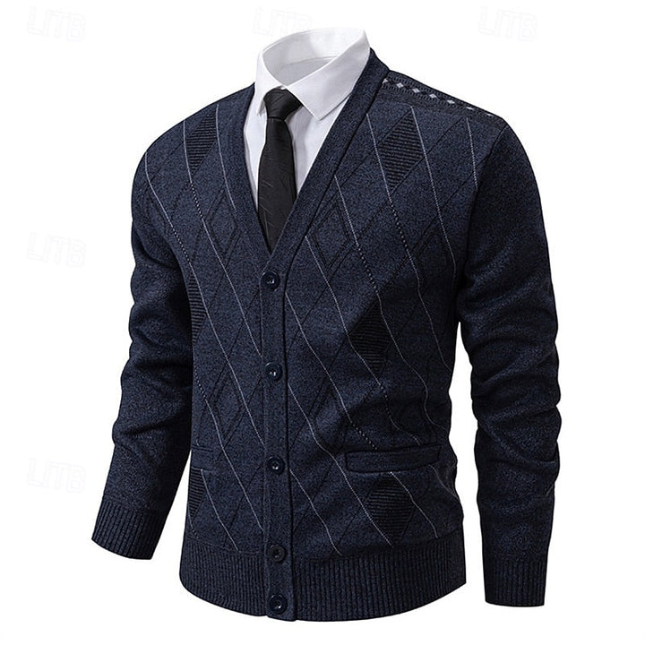 Golvard | Herren Strickjacke Rautenmuster V-Ausschnitt - Navy - Image 9