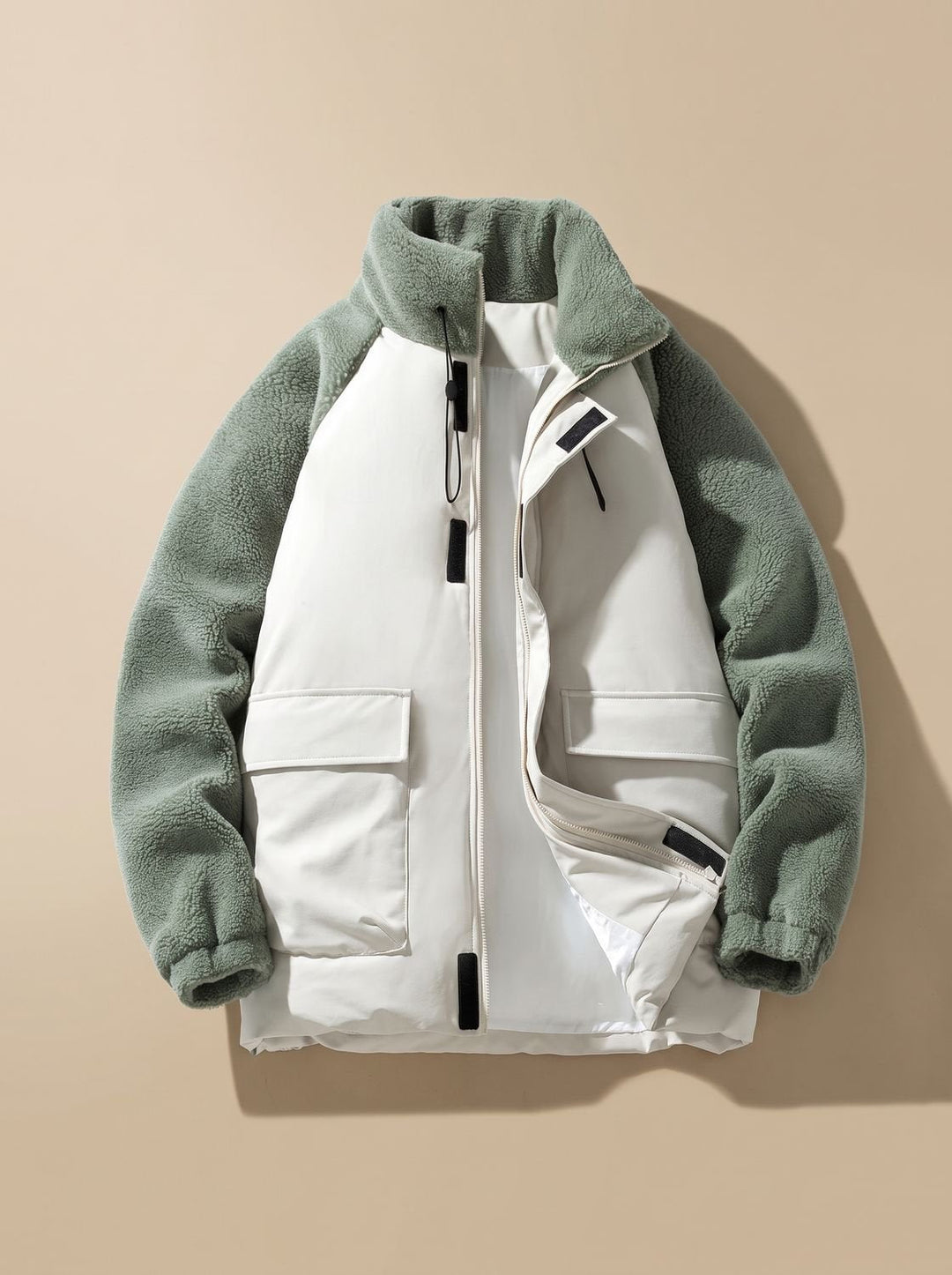 Golvast | Herren Sherpa Winterjacke Colorblock Stehkragen - Beige - Image 2