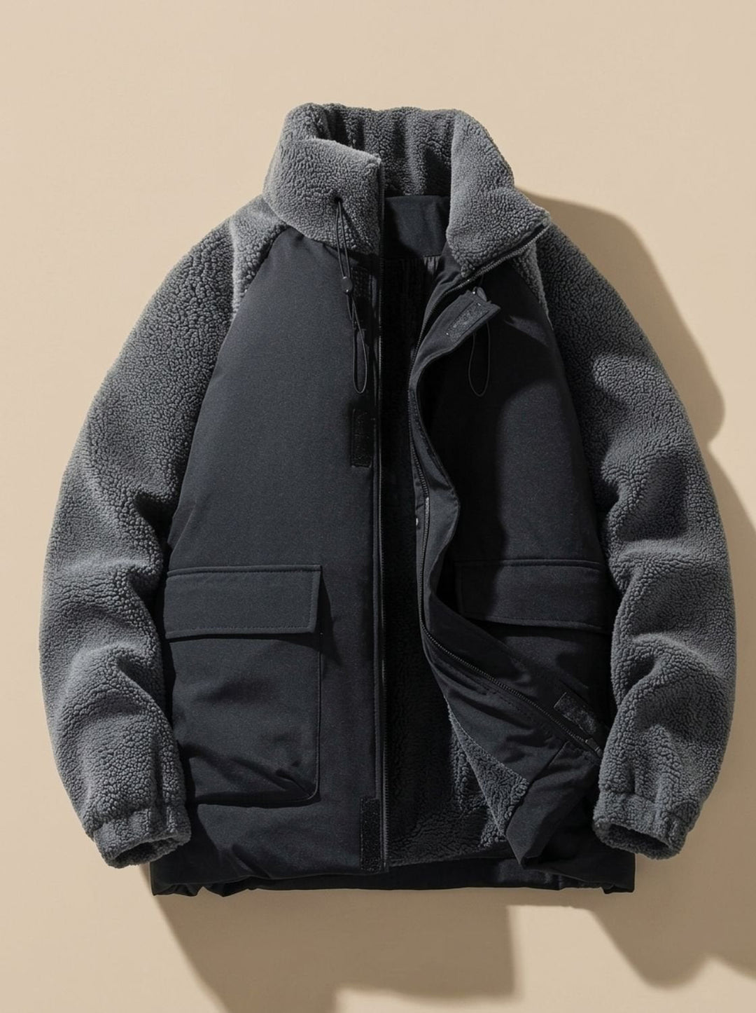 Golvast | Herren Sherpa Winterjacke Colorblock Stehkragen - Beige - Image 3