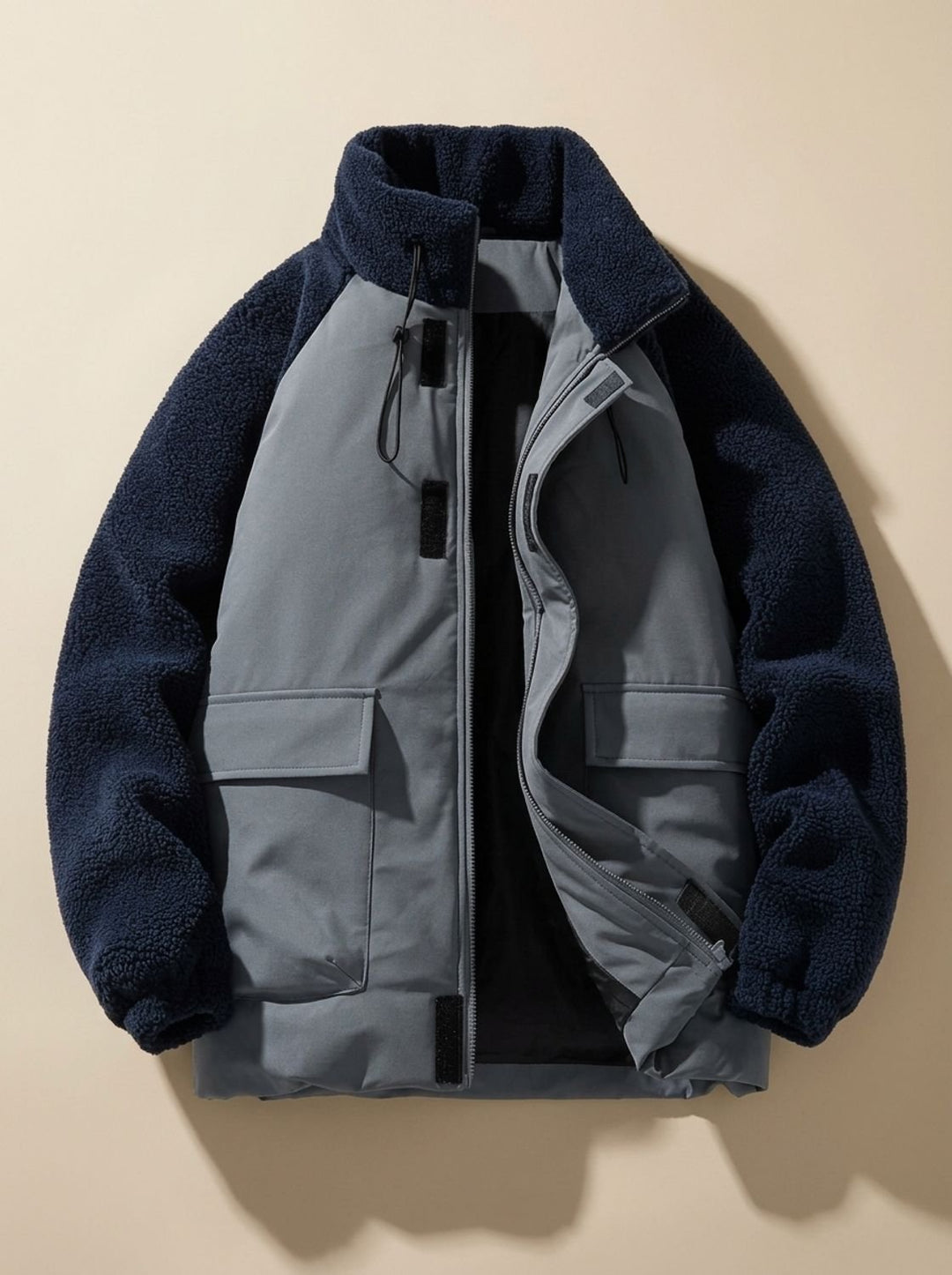 Golvast | Herren Sherpa Winterjacke Colorblock Stehkragen - Beige - Image 4