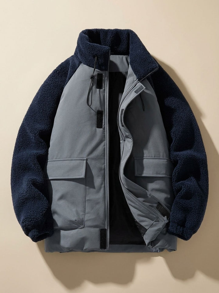 Golvast | Herren Sherpa Winterjacke Colorblock Stehkragen - Beige - Image 4