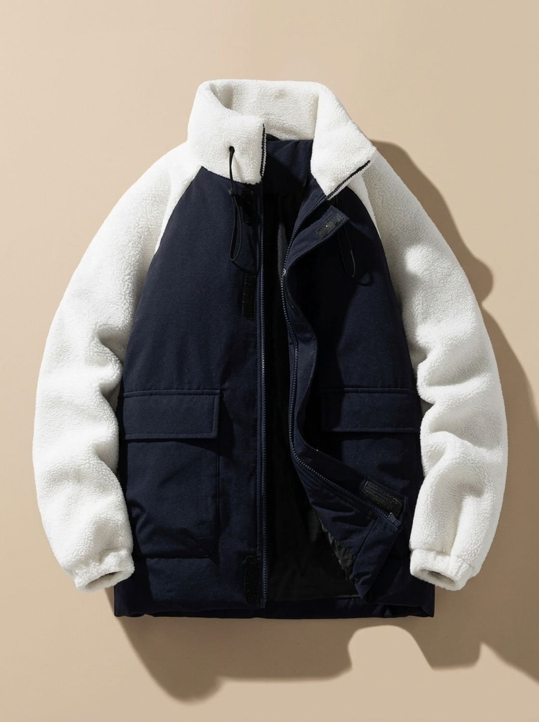 Golvast | Herren Sherpa Winterjacke Colorblock Stehkragen - Beige - Image 5