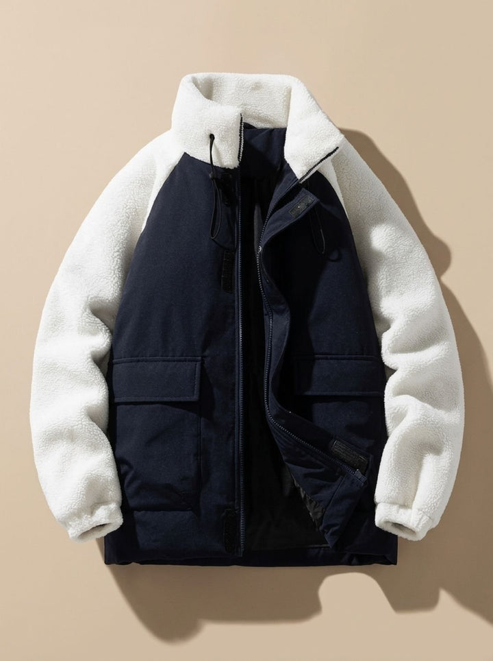 Golvast | Herren Sherpa Winterjacke Colorblock Stehkragen - Beige - Image 5
