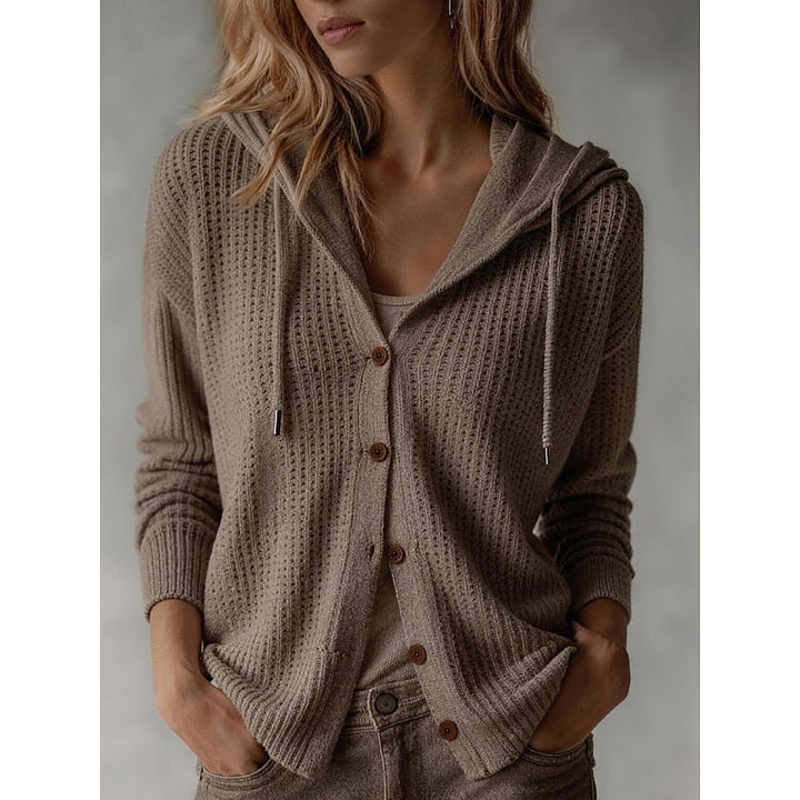 Golveen | Damen Strickjacke mit Kapuze und Knopfleiste - Brown - Image 4