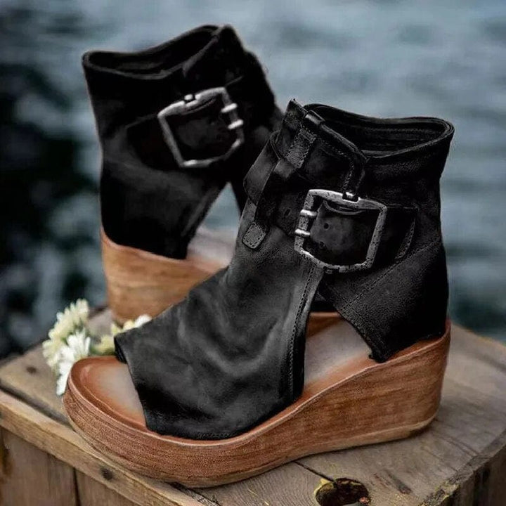 Golvind | Damen Keil-Stiefeletten Offene Zehenpartie Schnalle - Image 2