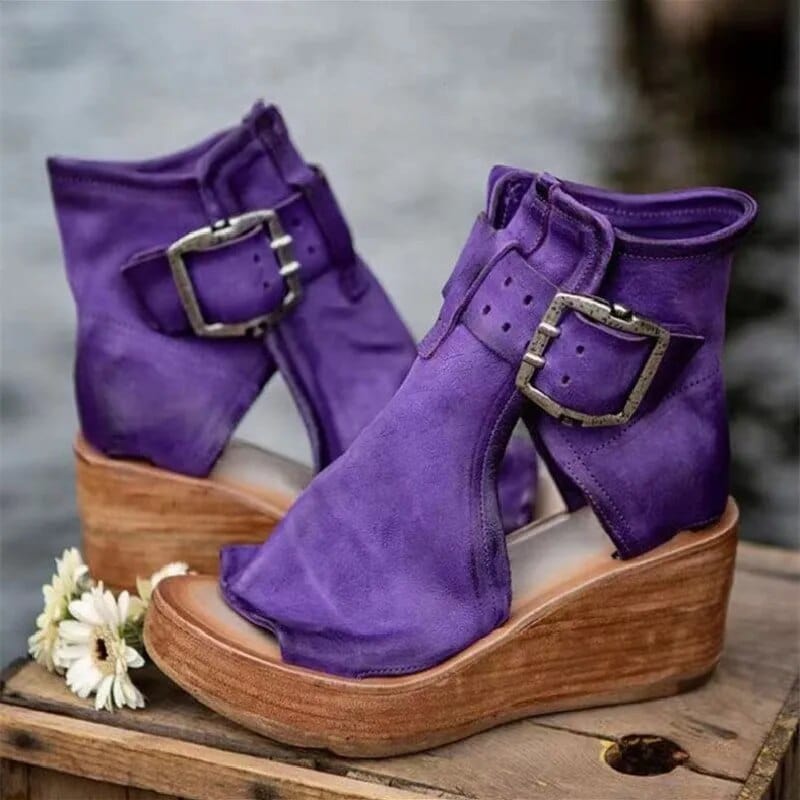 Golvind | Damen Keil-Stiefeletten Offene Zehenpartie Schnalle - Image 3