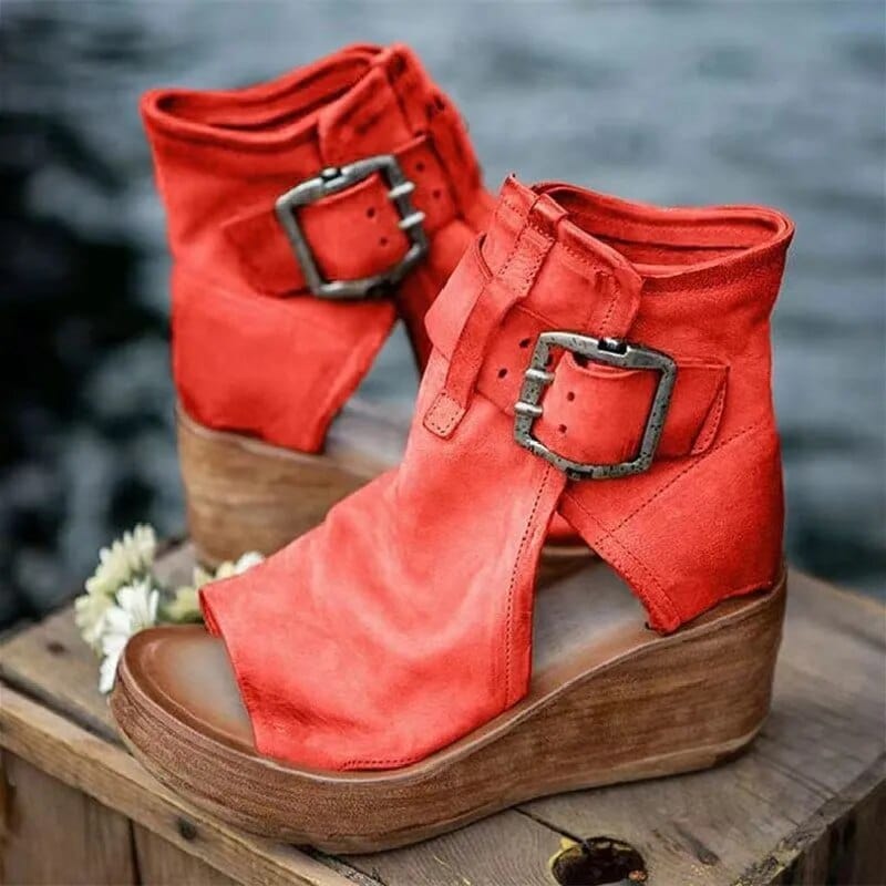 Golvind | Damen Keil-Stiefeletten Offene Zehenpartie Schnalle - Image 4