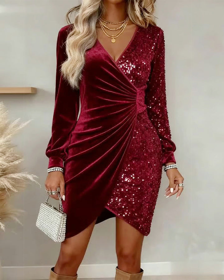 Golvine | Damen Festliches Kleid Pailletten Samt - Gold - Image 3