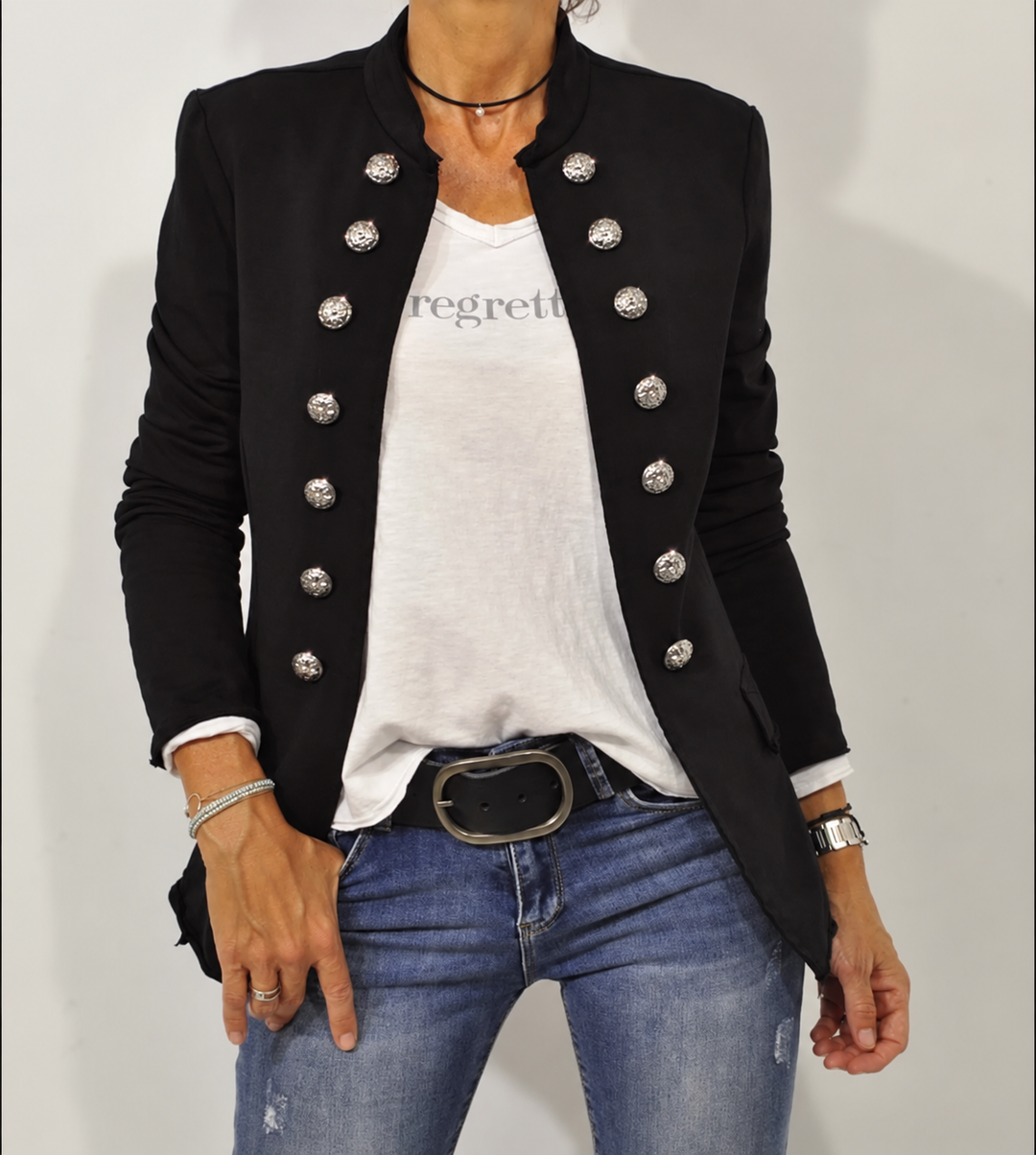 Golvwen | Damen Military Blazer Stehkragen Zierknöpfe - Black - Image 1