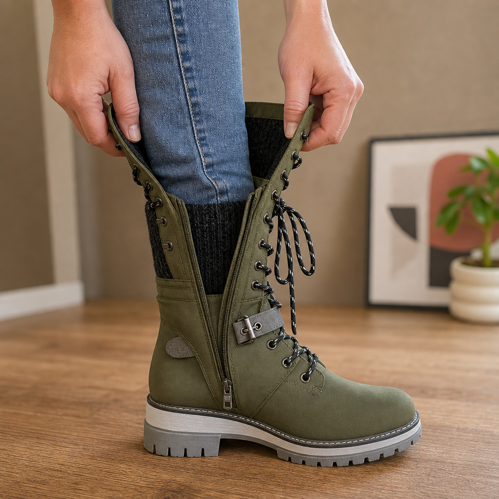 Grenvik | Damen Kniehohe Winterstiefel Gefüttert - Olive Green - Image 1