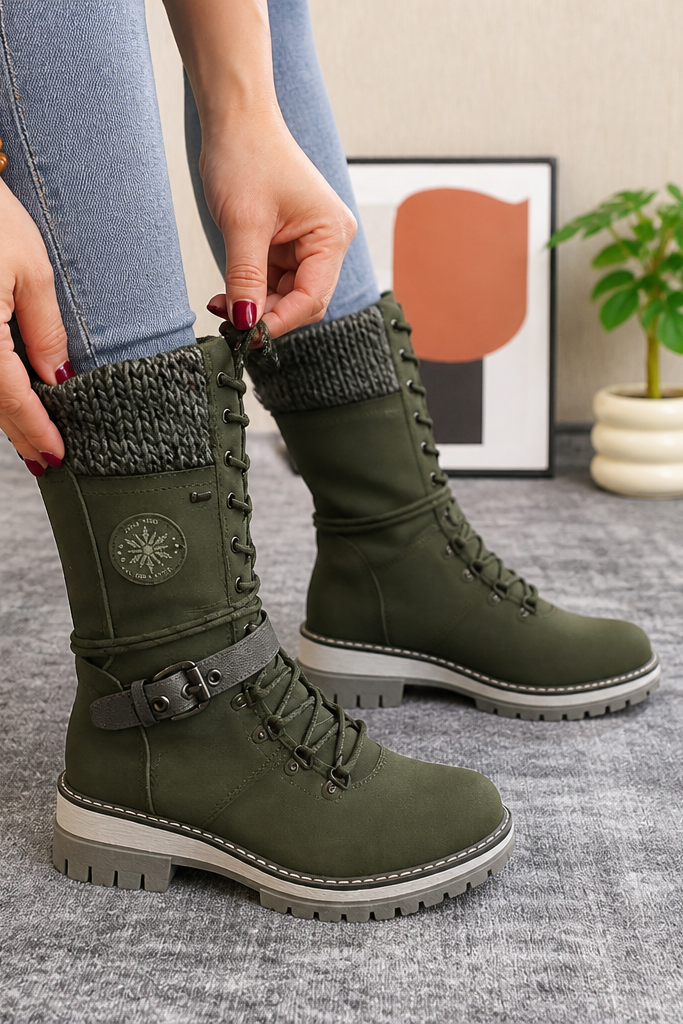 Grenvik | Damen Kniehohe Winterstiefel Gefüttert - Olive Green - Image 10