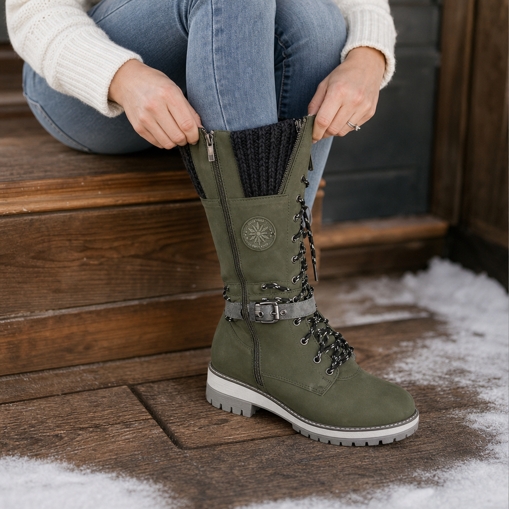 Grenvik | Damen Kniehohe Winterstiefel Gefüttert - Olive Green - Image 2