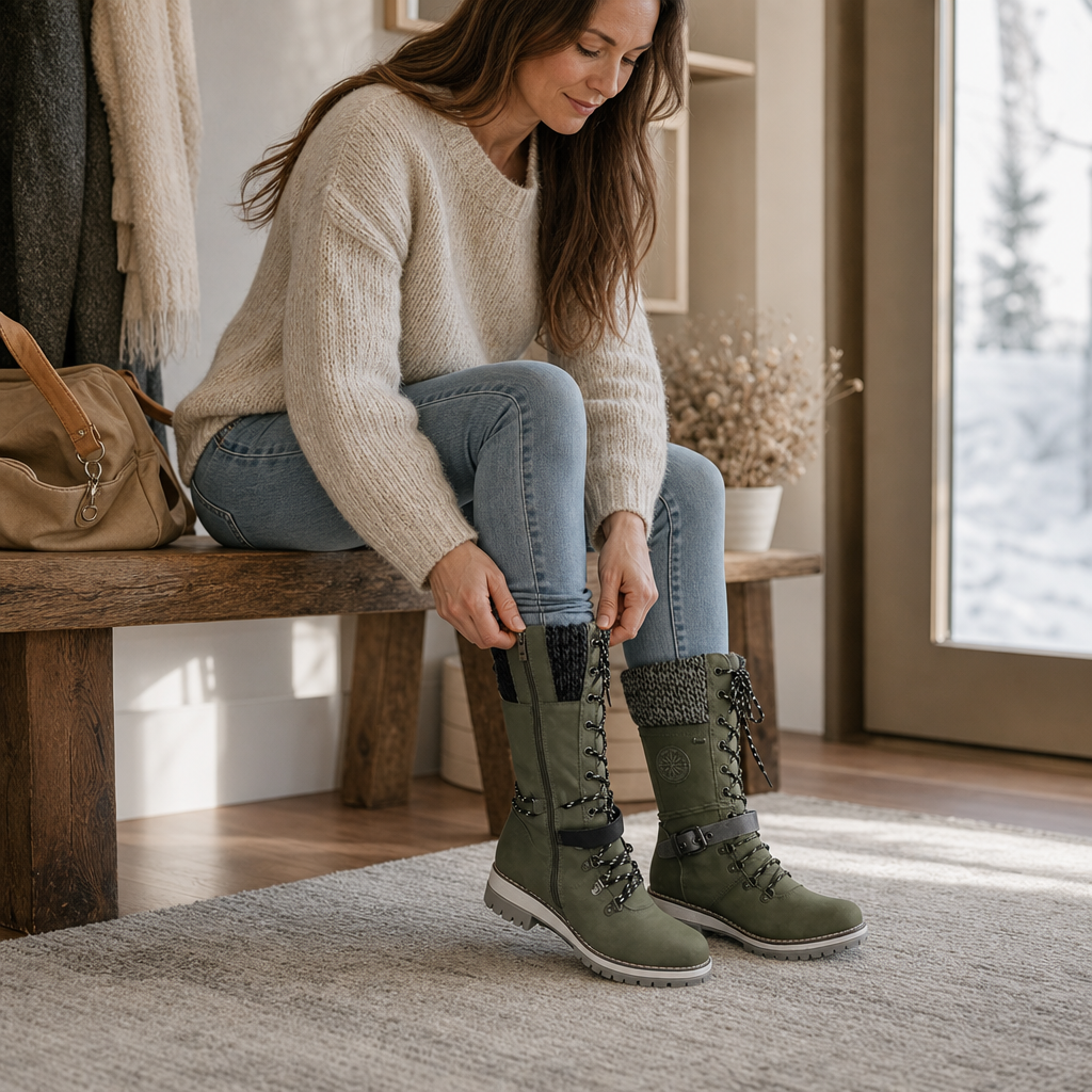 Grenvik | Damen Kniehohe Winterstiefel Gefüttert - Olive Green - Image 3