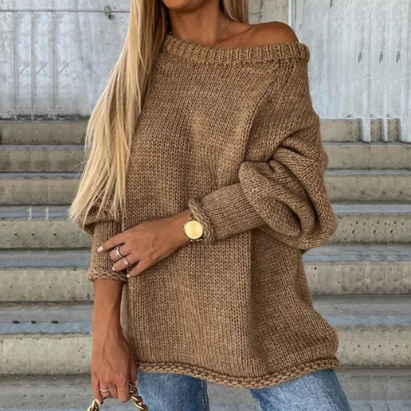 Gunnhild | Damen Oversize Strickpullover Off-Shoulder - Camel - Image 1