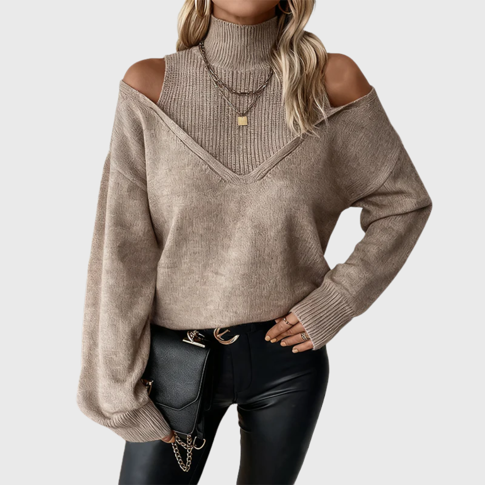 Halvdis | Damen Pullover mit Schulterausschnitt Rollkragen - Taupe - Image 1