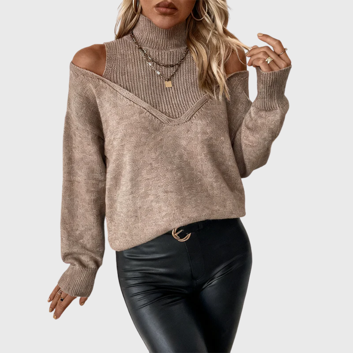 Halvdis | Damen Pullover mit Schulterausschnitt Rollkragen - Taupe - Image 3