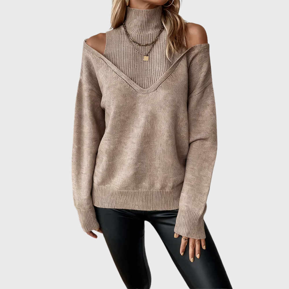 Halvdis | Damen Pullover mit Schulterausschnitt Rollkragen - Taupe - Image 4