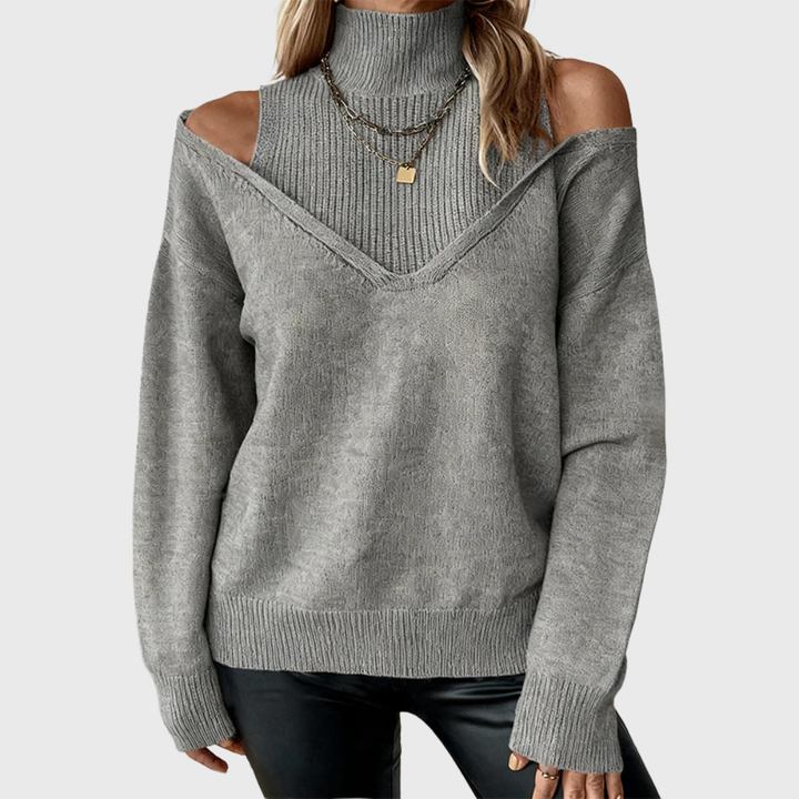 Halvdis | Damen Pullover mit Schulterausschnitt Rollkragen - Taupe - Image 5