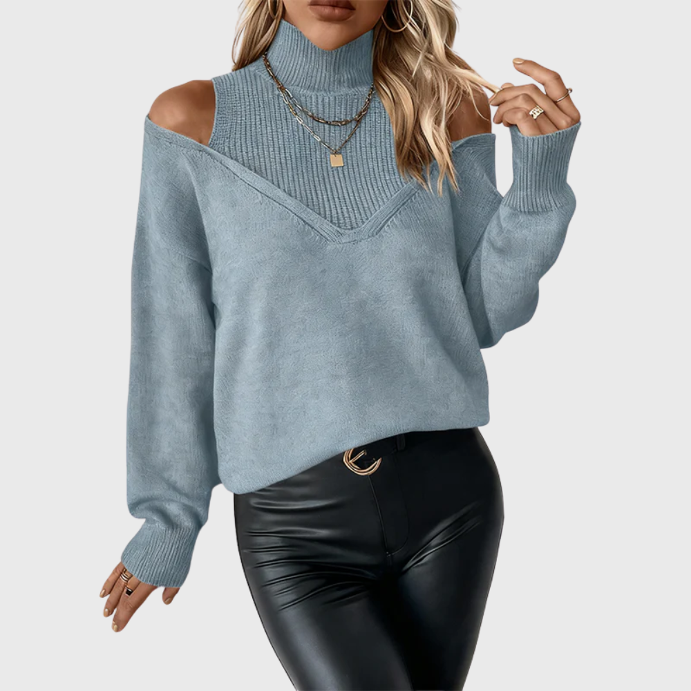 Halvdis | Damen Pullover mit Schulterausschnitt Rollkragen - Taupe - Image 7