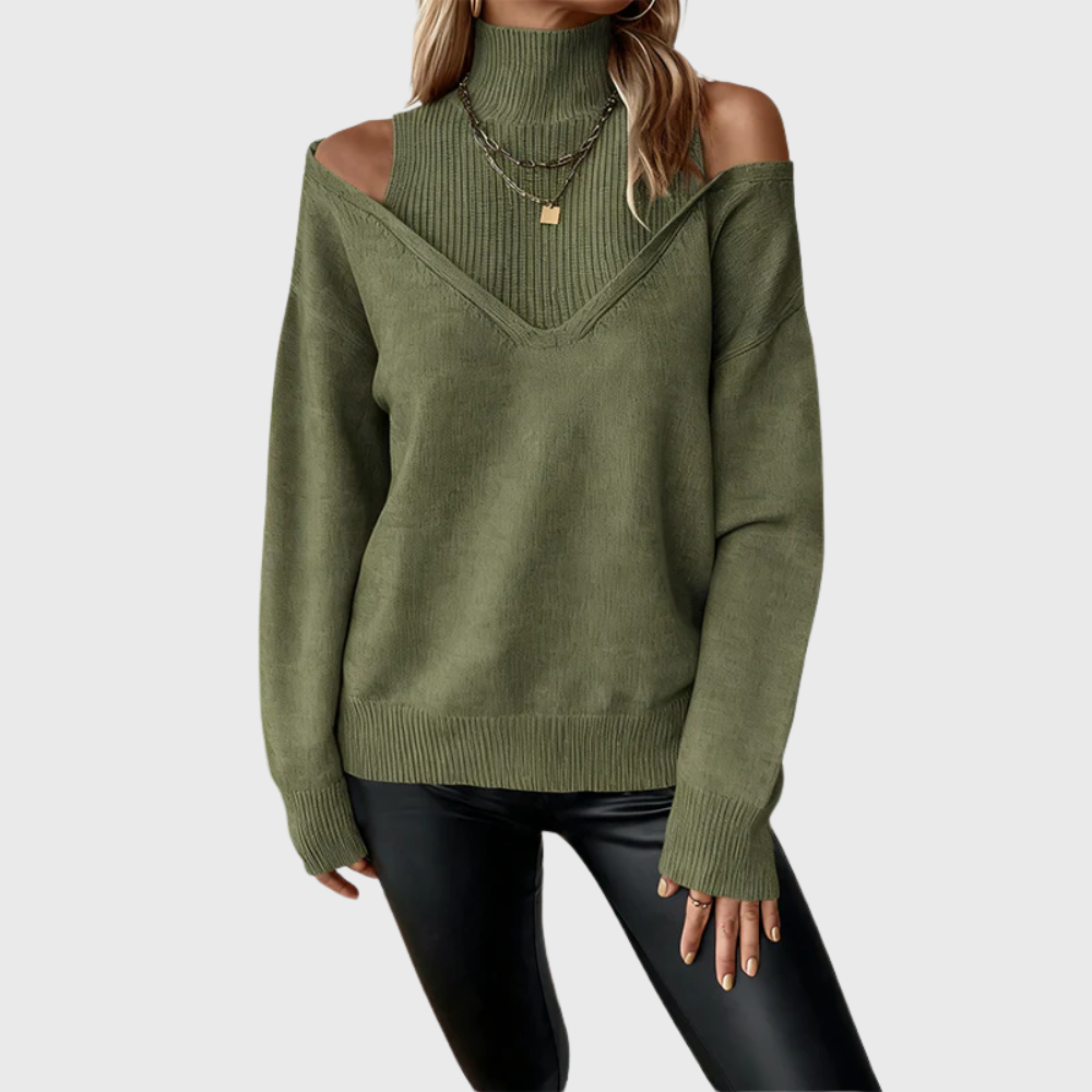 Halvdis | Damen Pullover mit Schulterausschnitt Rollkragen - Taupe - Image 8