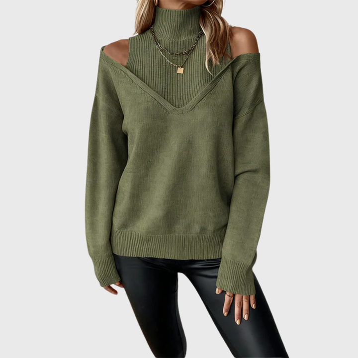 Halvdis | Damen Pullover mit Schulterausschnitt Rollkragen - Taupe - Image 8