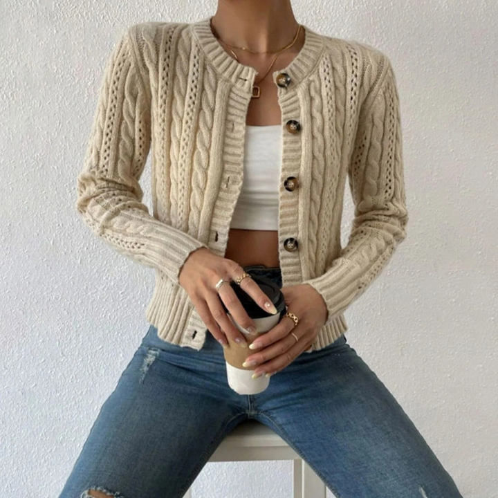 Halvdra | Damen Strickjacke Zopfmuster Langarm - Image 1