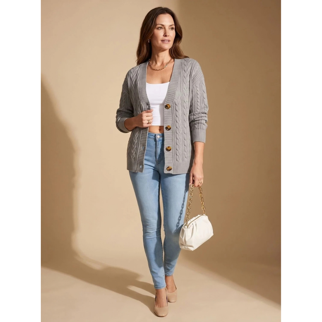 Halvdra | Damen Strickjacke Zopfmuster Langarm - Image 3