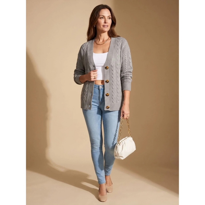 Halvdra | Damen Strickjacke Zopfmuster Langarm - Image 3
